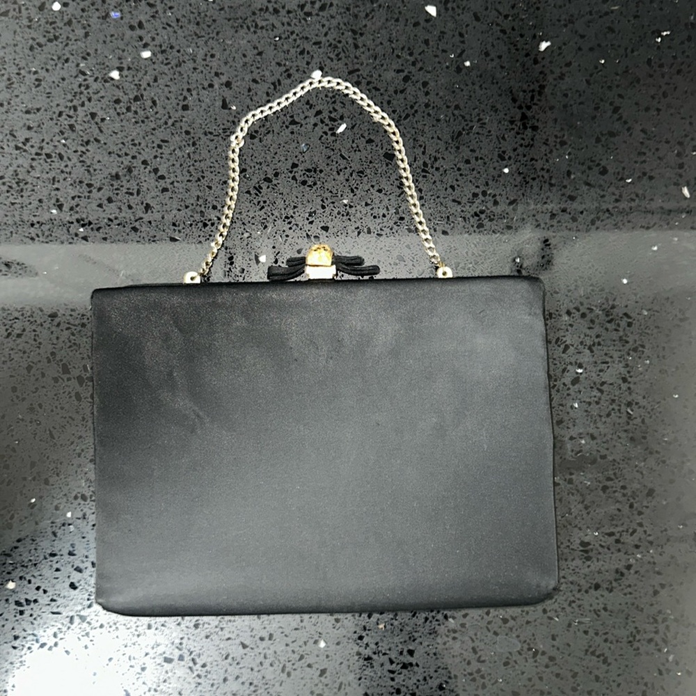 Vintage AFTER FIVE black satin w gold accents evening formal bag purse